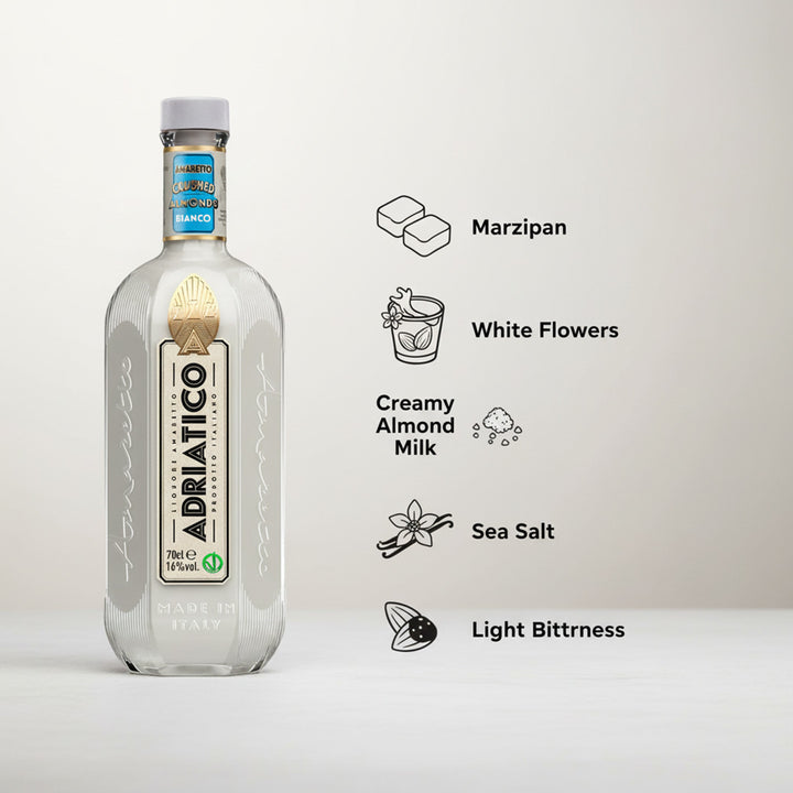 Bottle of Adriatico Amaretto Bianco with flavor notes on a white background