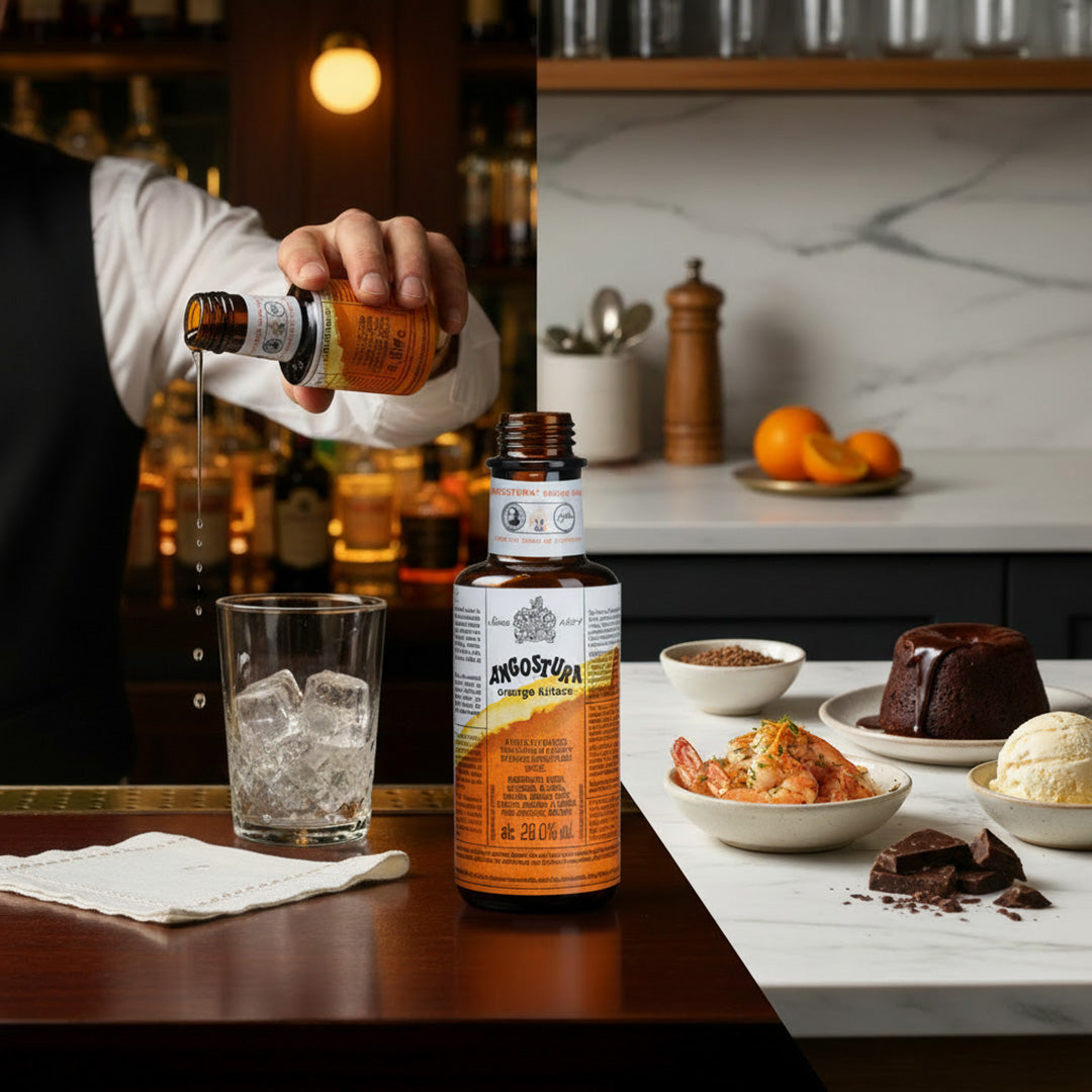 Bottle of Angostura bitters being poured into a glass with a bar scene in the background.