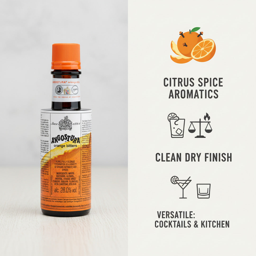 Bottle of Angostura orange bitters with citrus spice aromatics on a light background