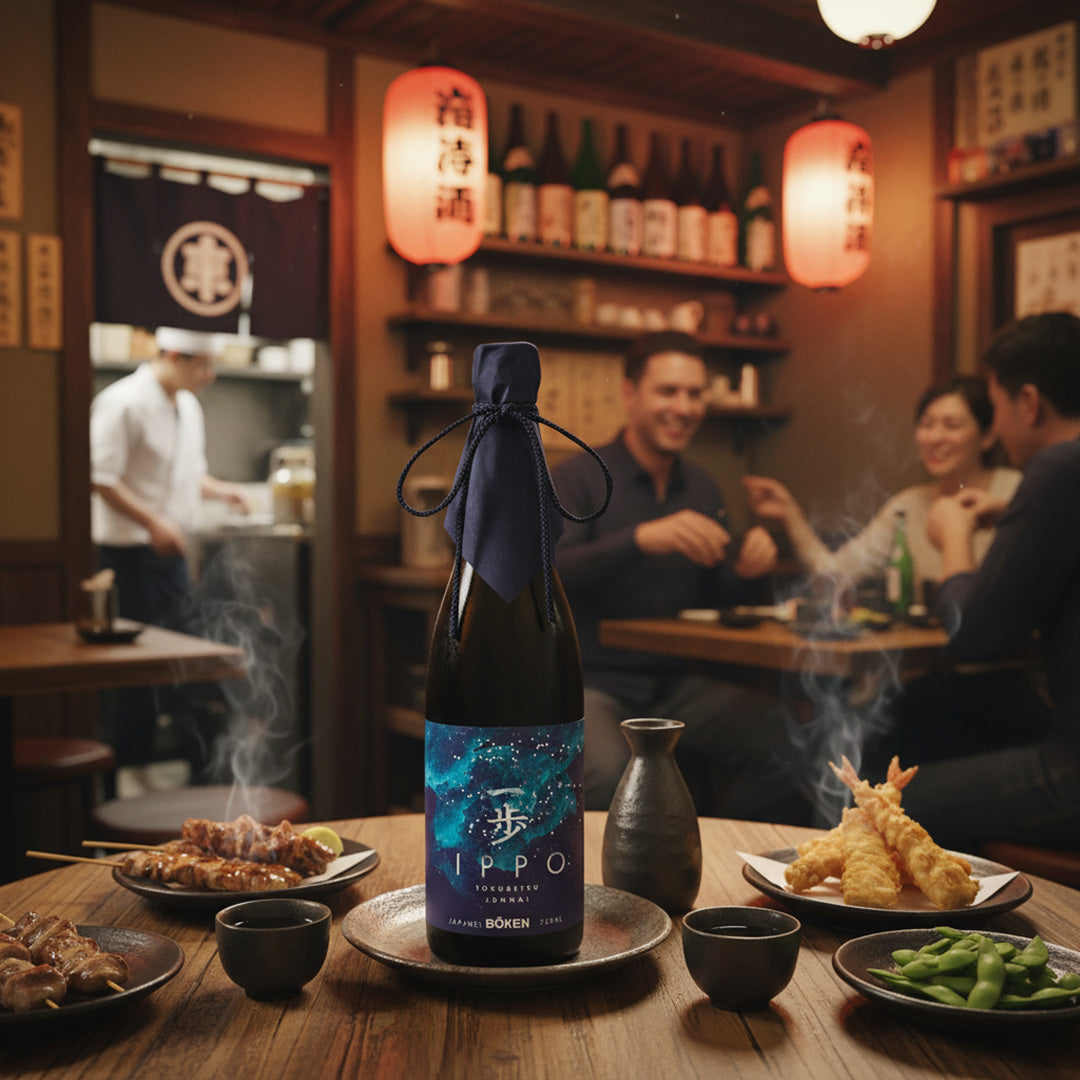 Bottle of Boken Ippo sake on a table with people dining in a Japanese restaurant.