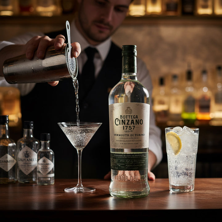 Barista pouring a drink from a cocktail shaker into a martini glass with Bottega Cinzano 1757 Dry vermouth bottle in the foreground.