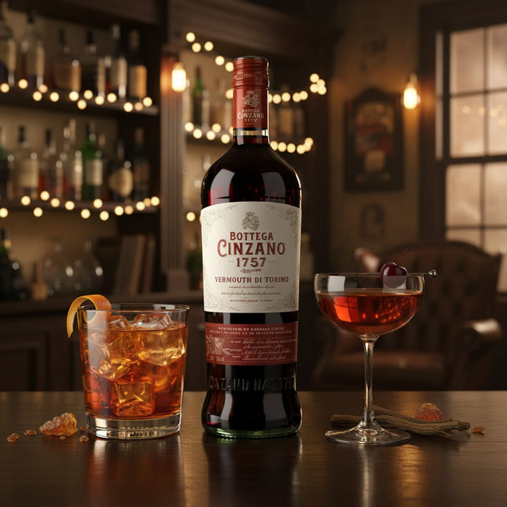 Bottle of Bottega Cinzano 1757 Rosso vermouth with two cocktails on a bar counter.