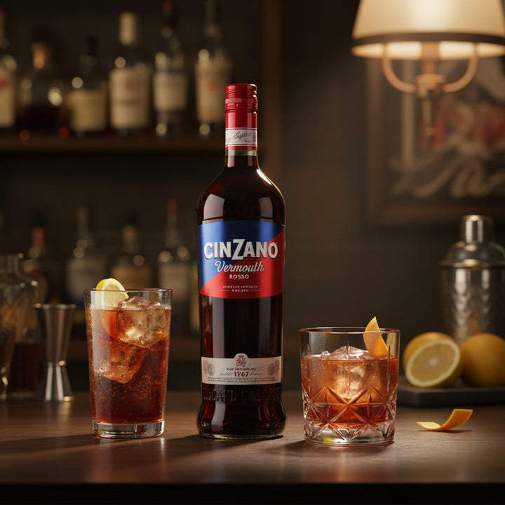 Cinzano vermouth bottle with two cocktails on a bar counter