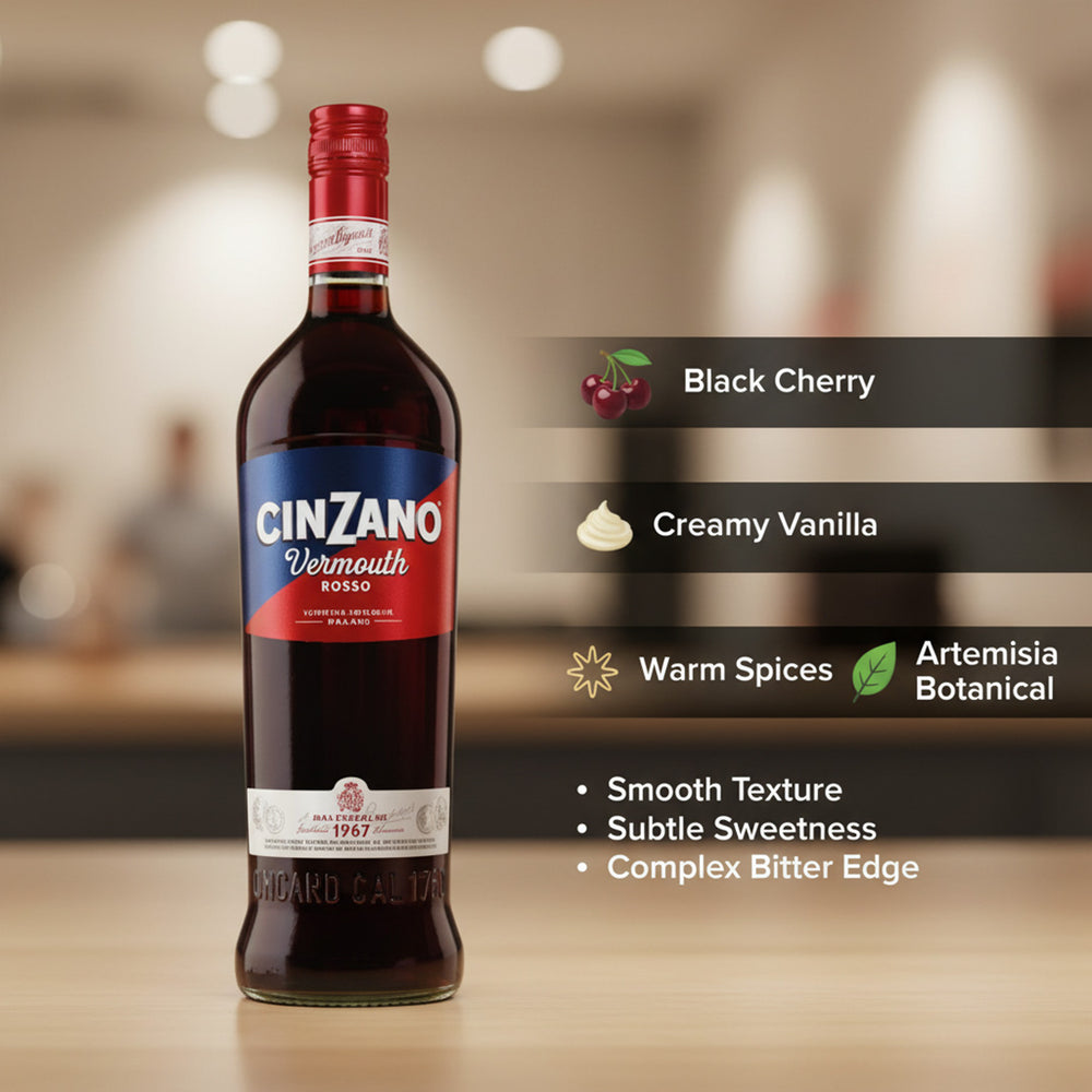 Cinzano Vermouth Rosso bottle with flavor description 