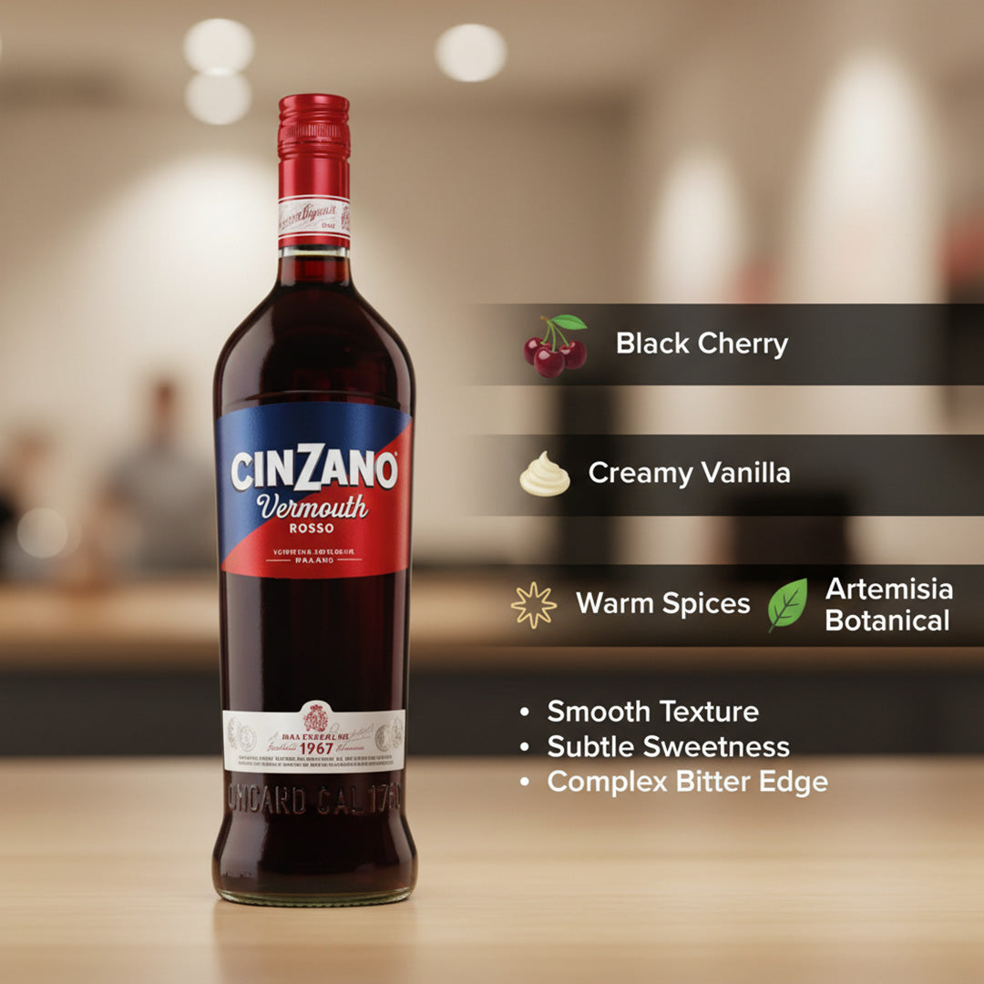 Cinzano Vermouth Rosso bottle with flavor description 
