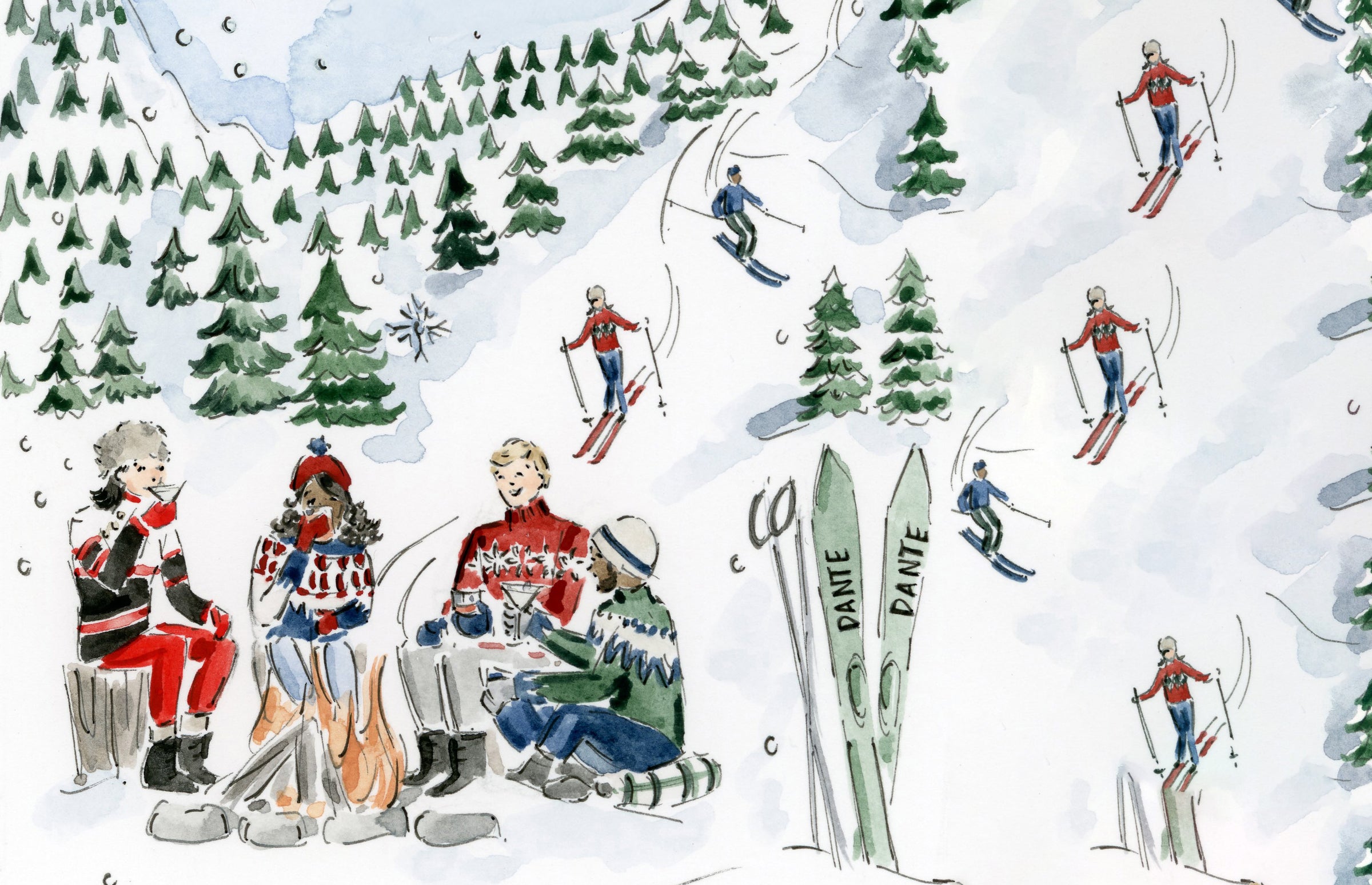 Dante NYC Illustration of people skiing and having a picnic in a snowy landscape with trees.