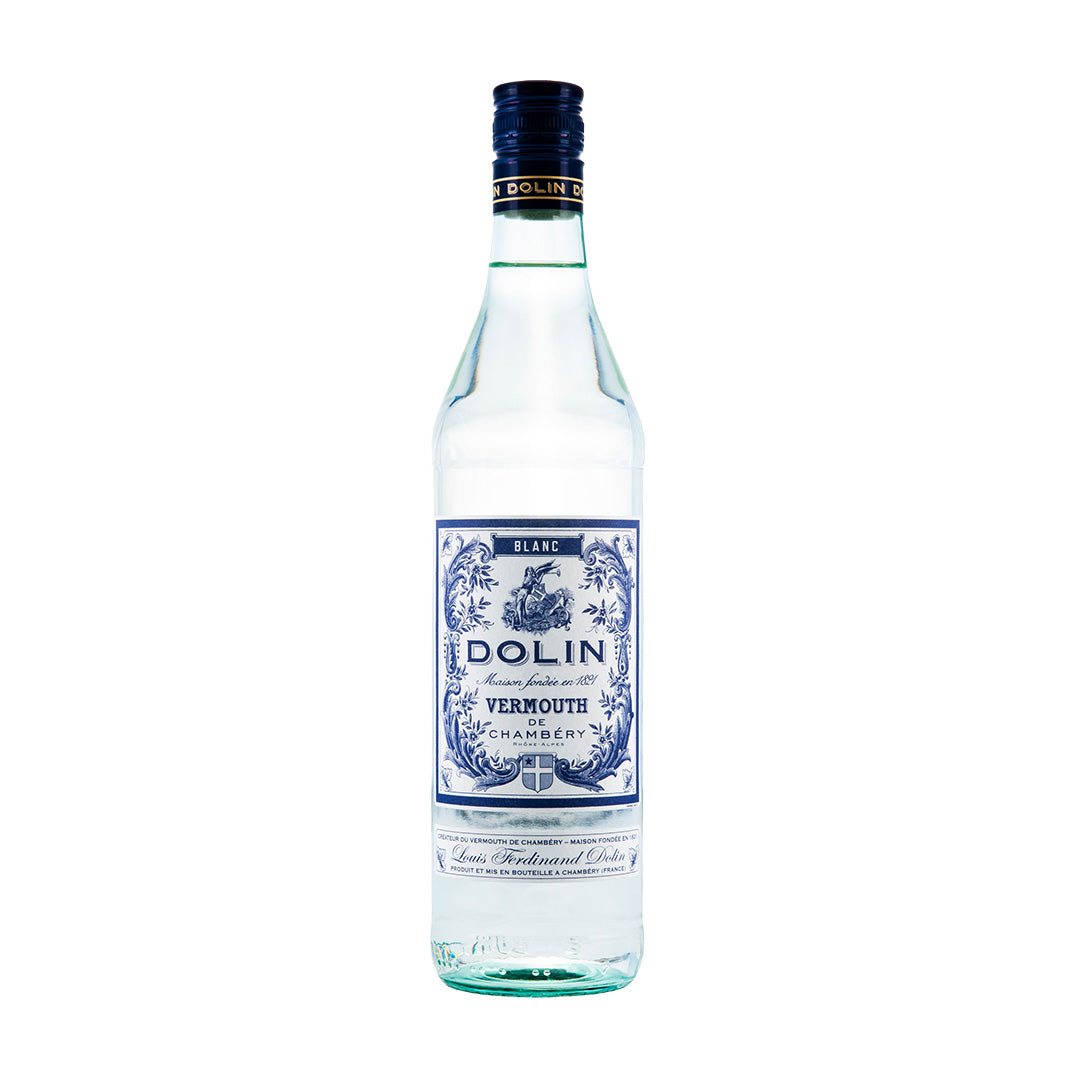 Bottle of Dolin Blanc Vermouth on a white background