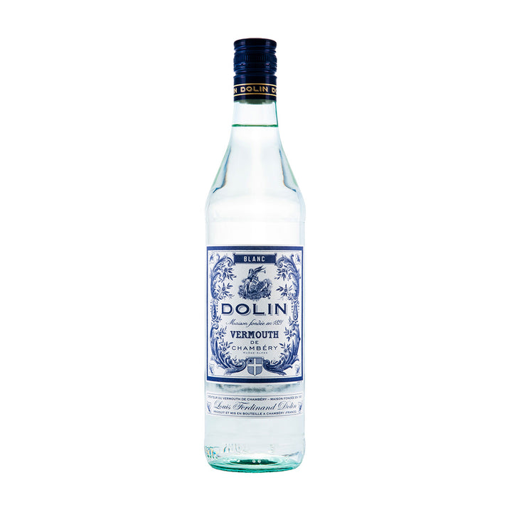 Bottle of Dolin Blanc Vermouth on a white background