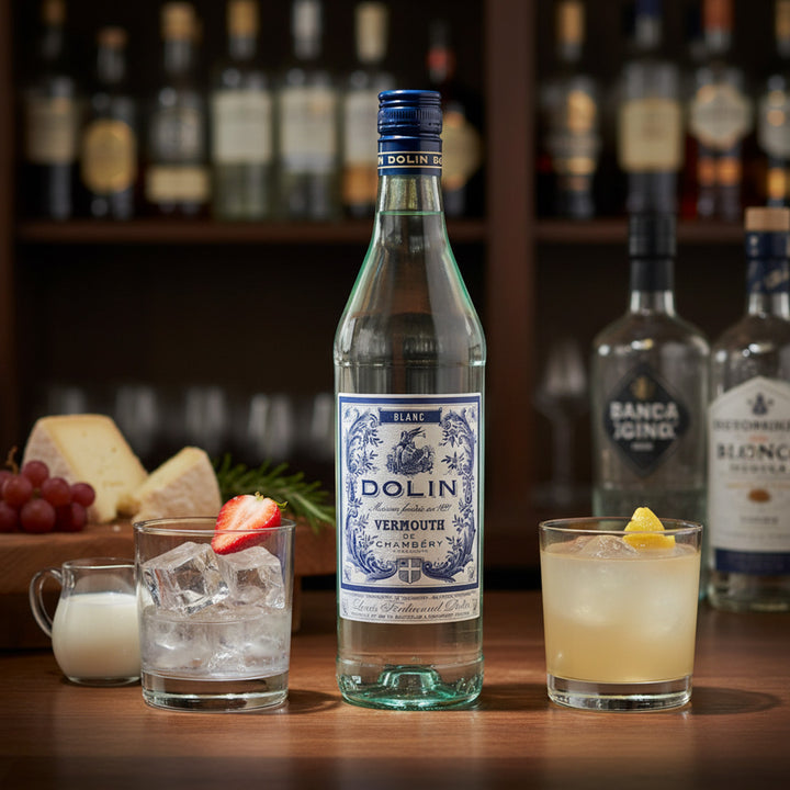 Bottle of Dolin Blanc Vermouth with cocktails and cheese on a bar counter