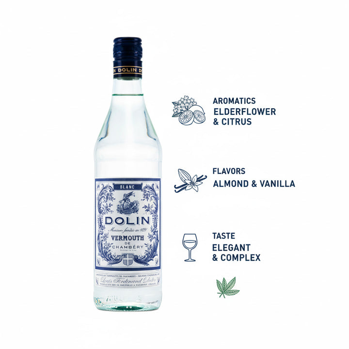 Bottle of Dolin Blanc Vermouth with flavor and taste descriptions 