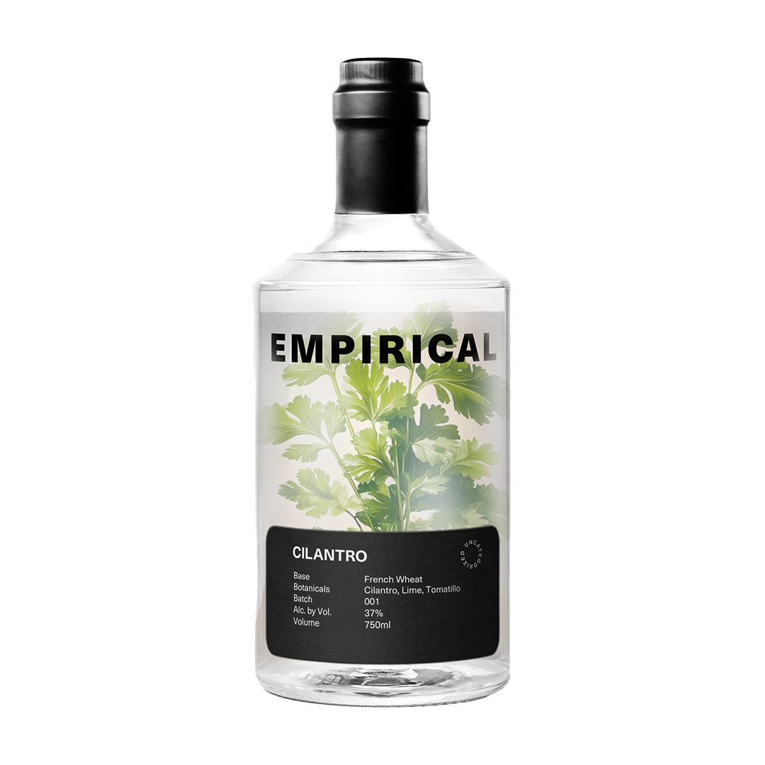 Bottle of Empirical Cilantro spirit with a label featuring cilantro leaves on a white background