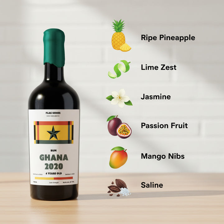 Flag Series Ghana Rum bottle with flavor profile on a light background