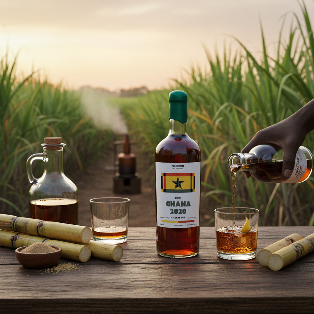Bottle of Flag Series Ghana 2020 Rum being poured into a glass with a sugarcane field in the background.