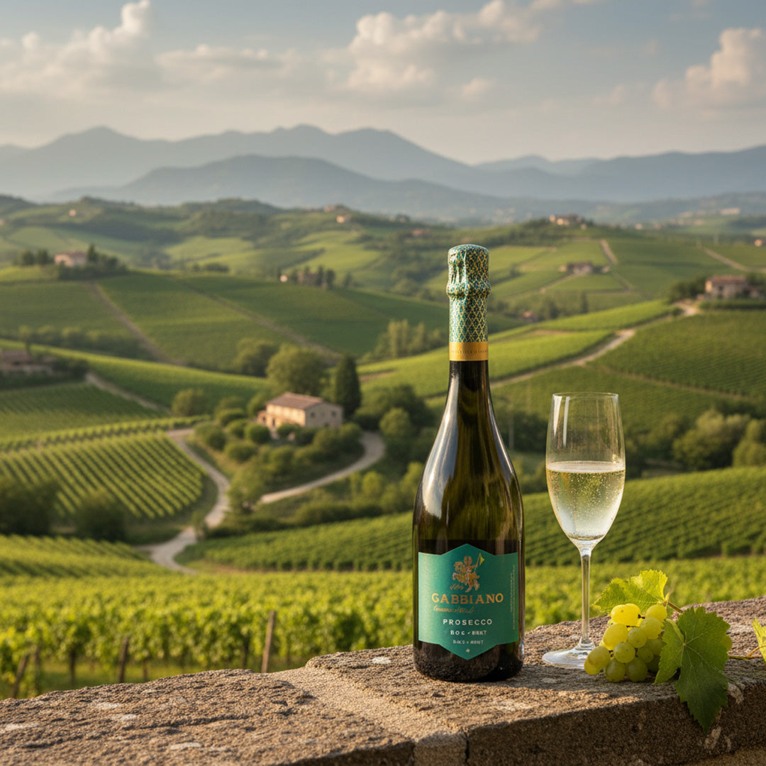 Gabbiano Prosecco bottle and glass with a scenic vineyard backdrop