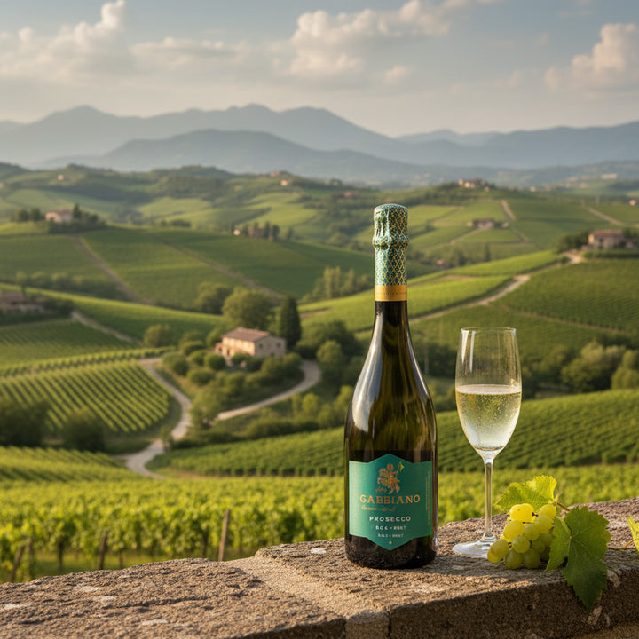 Gabbiano Prosecco bottle and glass with a scenic vineyard backdrop