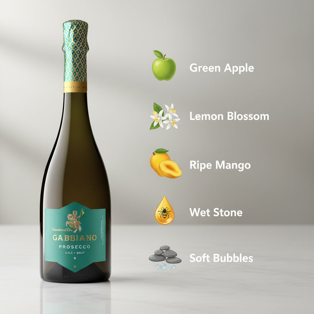 Bottle of Gabbiano Prosecco with flavor descriptors on a gray background