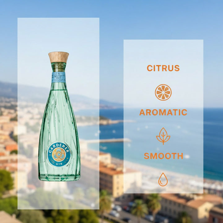 Gardener Gin bottle on a scenic background