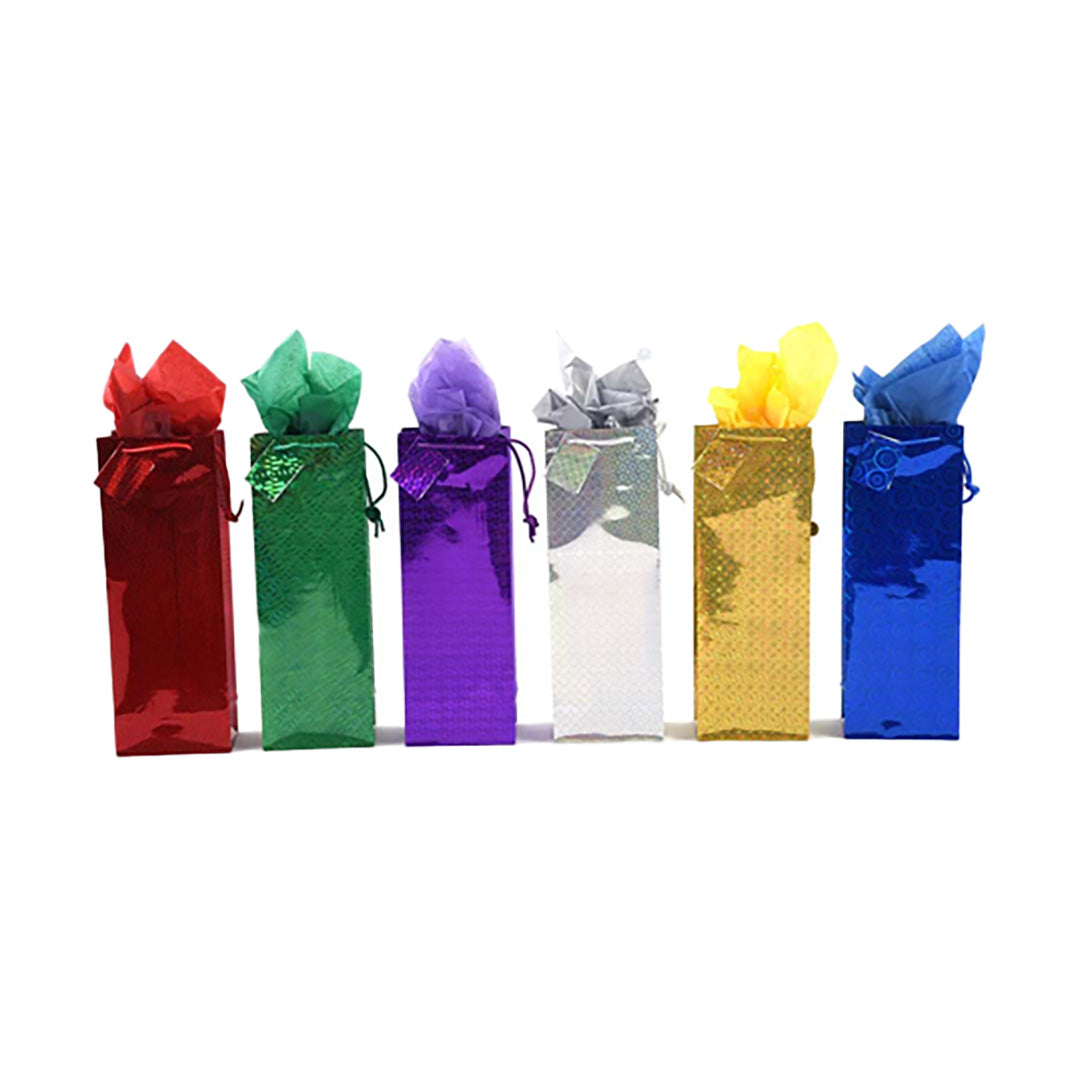 Holograph Wine Gift Bags - 5" x 3 1/2" x 13" Assorted Colors