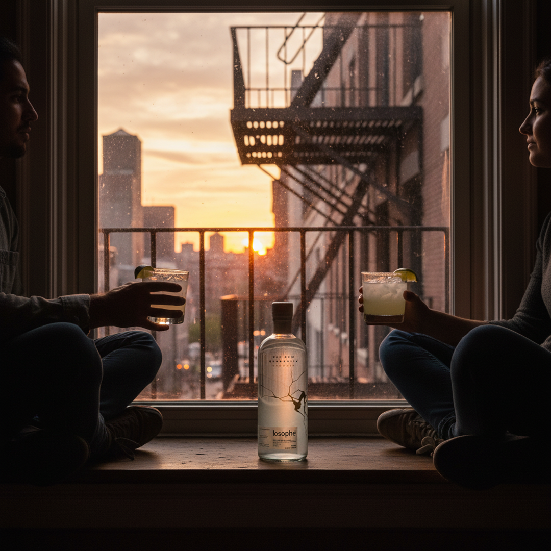 Two people sitting by a window with drinks and a bottle of Losophe Margarita.