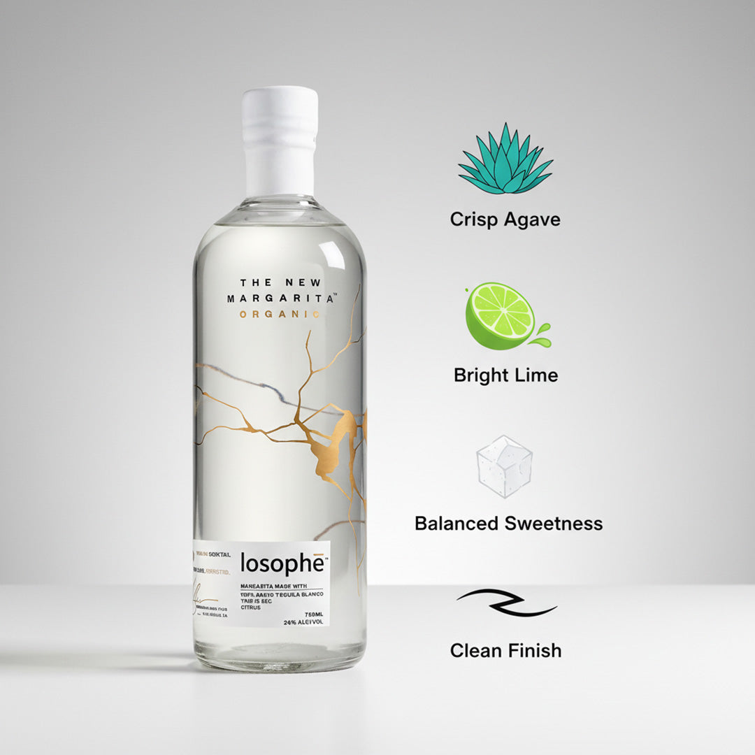 Bottle of Losophe Margarita with flavor attributes on a gray background