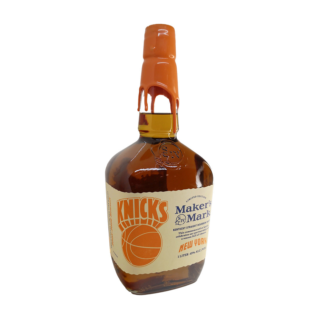 Maker's Mark NY Knicks Edition 1L bottle with orange wax seal and basketball logo label.