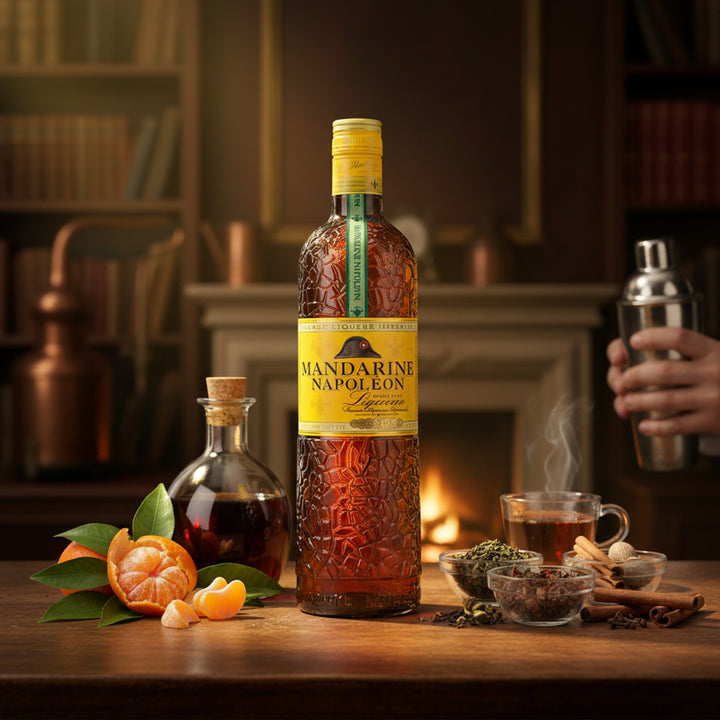Bottle of Mandarine Napoleon liqueur on a wooden table with oranges and a cocktail shaker.