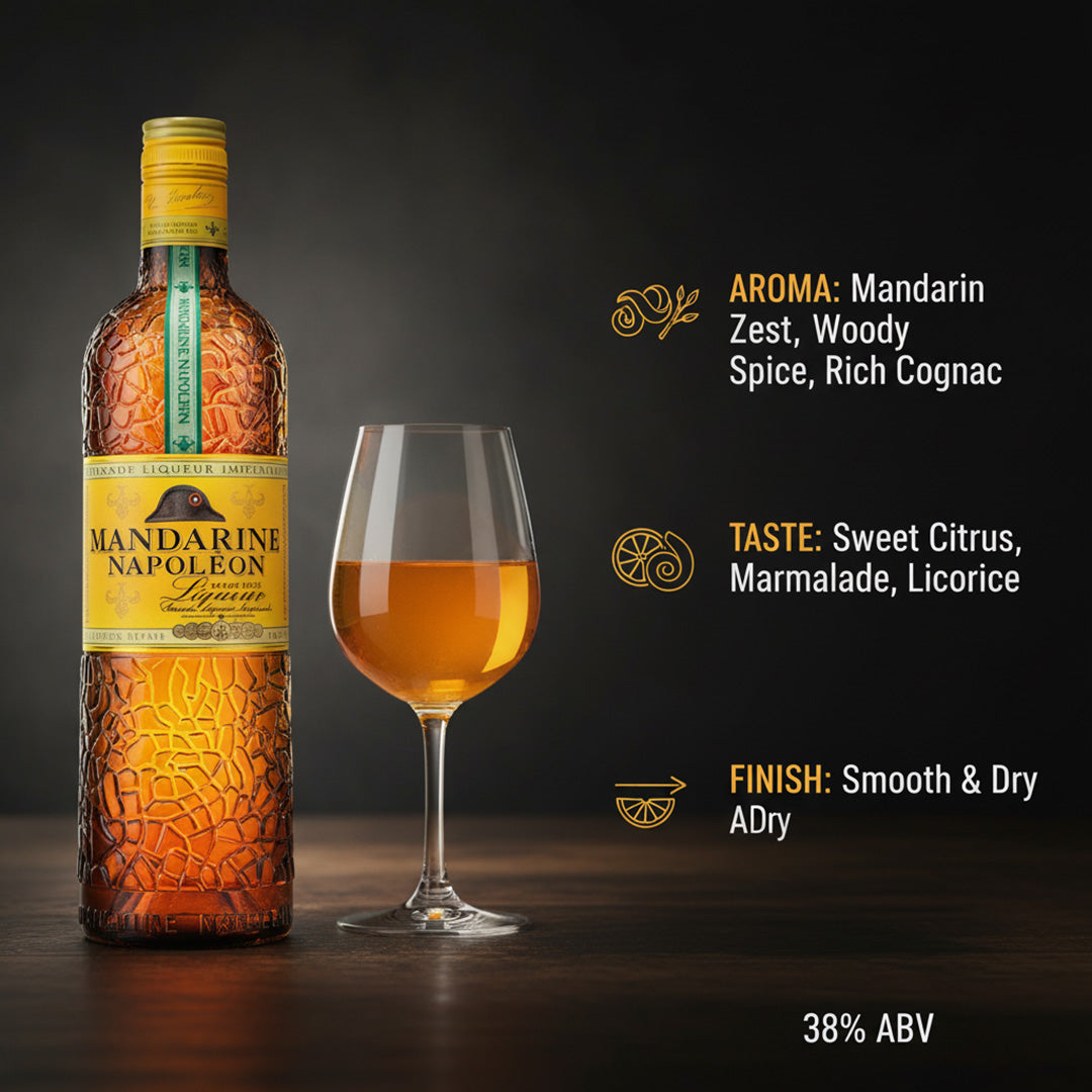 Bottle and glass of Mandarine Napoleon Liqueur with flavor description 
