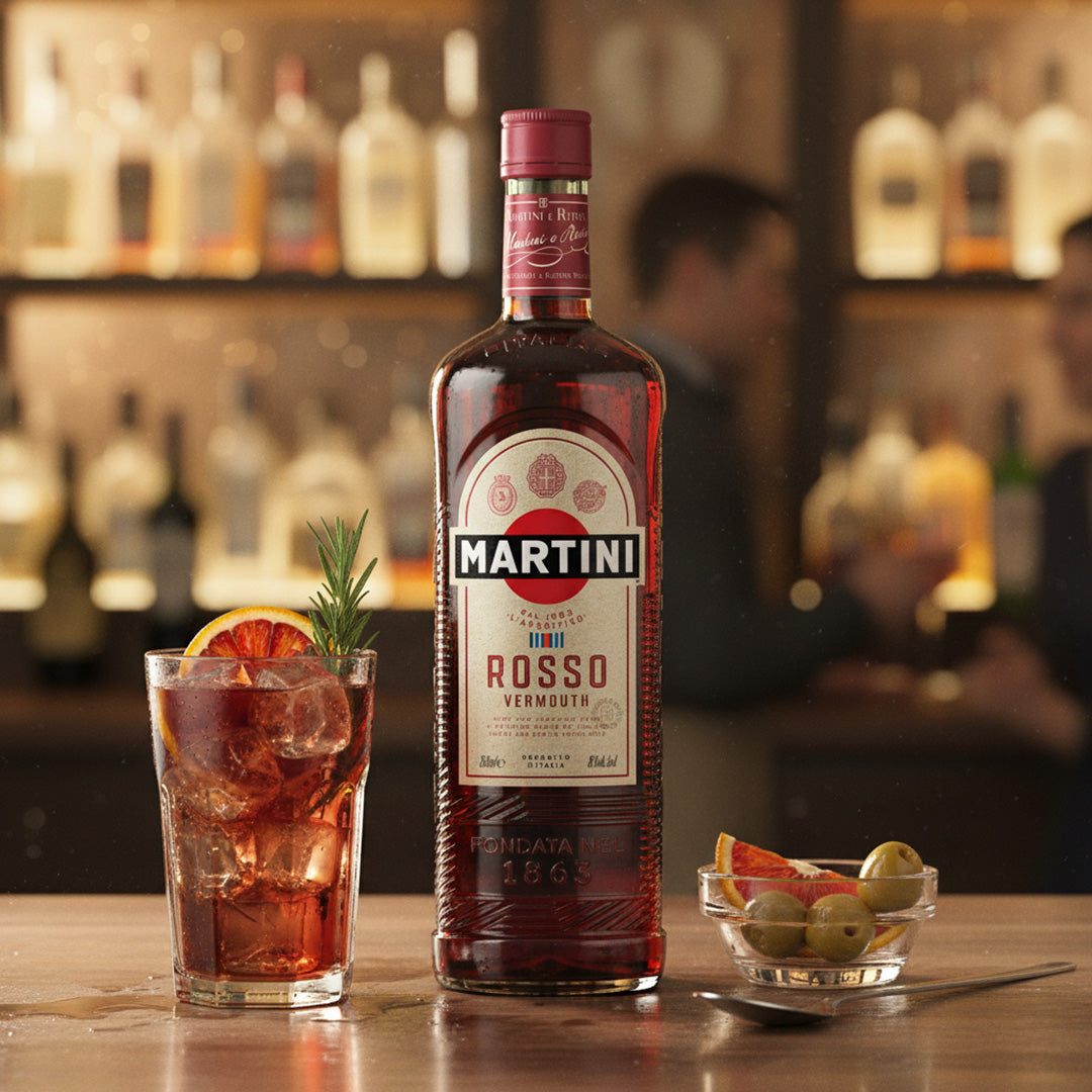 Martini Rosso Vermouth bottle with a cocktail and garnishes on a bar counter.