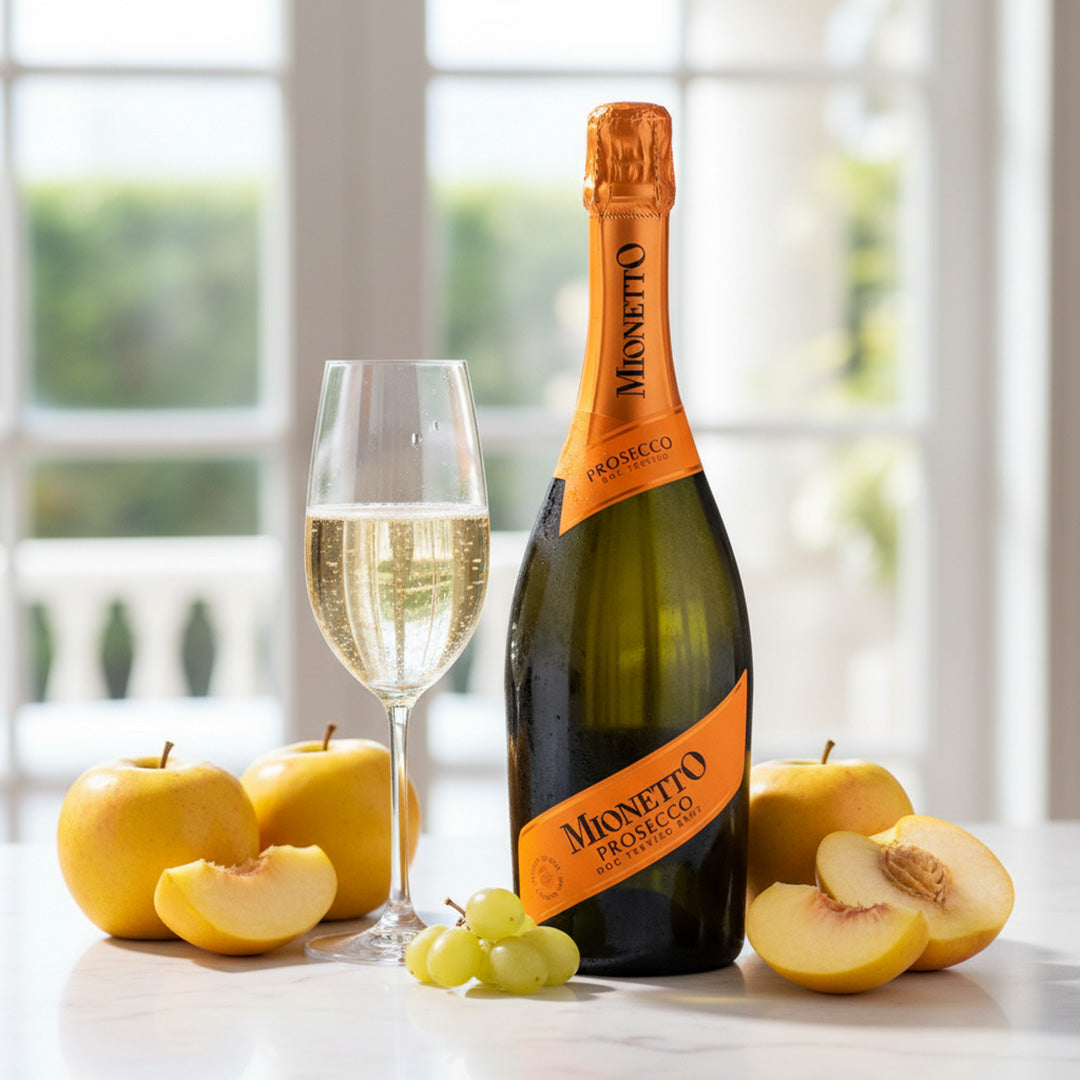 Mionetto Prosecco bottle with a glass of champagne and fruits on a table.