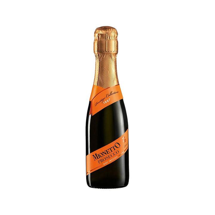 Minetto Prosecco 187ml bottle with gold cap on a white background