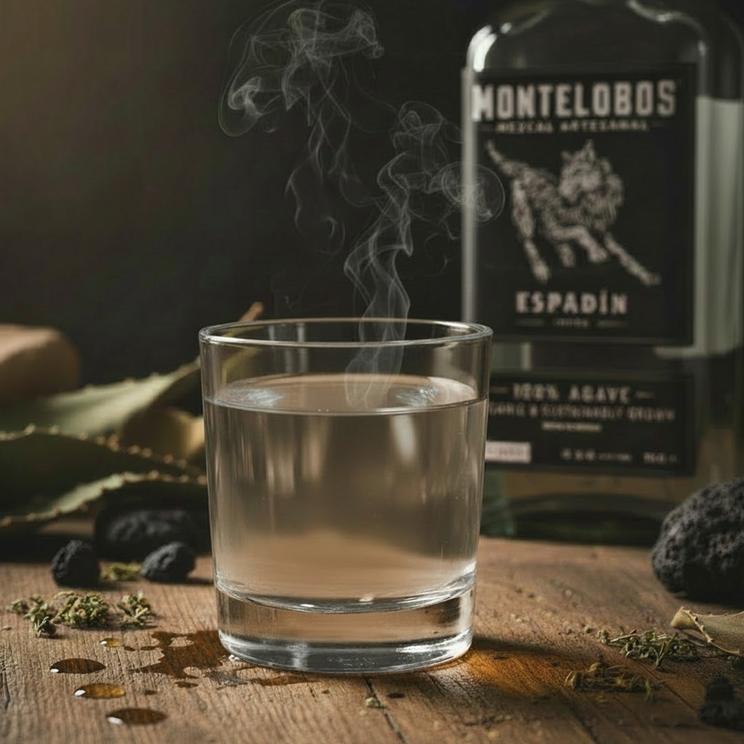 Glass of smoking liquid with Montelobos Espadin bottle in the background on a wooden surface.
