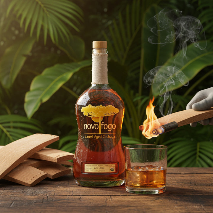 Bottle of novo fogo cachaça with a glass and burning wood on a wooden table with green foliage in the background.