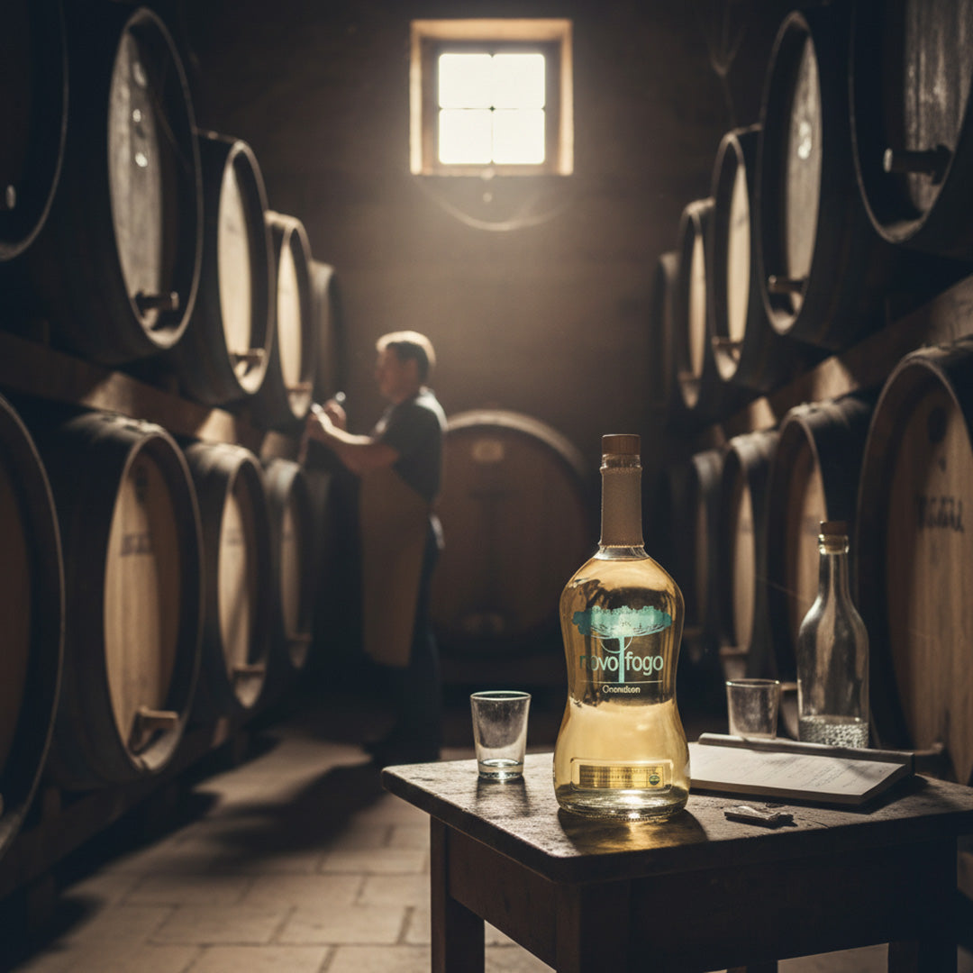 Bottle of Novo Fogo Cachaca on a table in a wine cellar with barrels and a person in the background