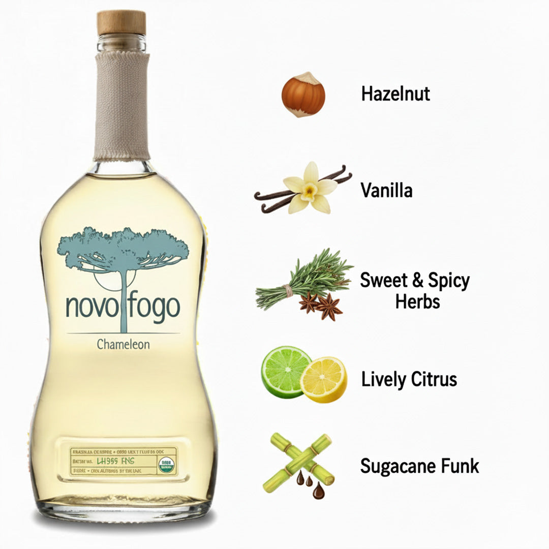 Bottle of Novo Fogo Chameleon with flavor elements on a white background