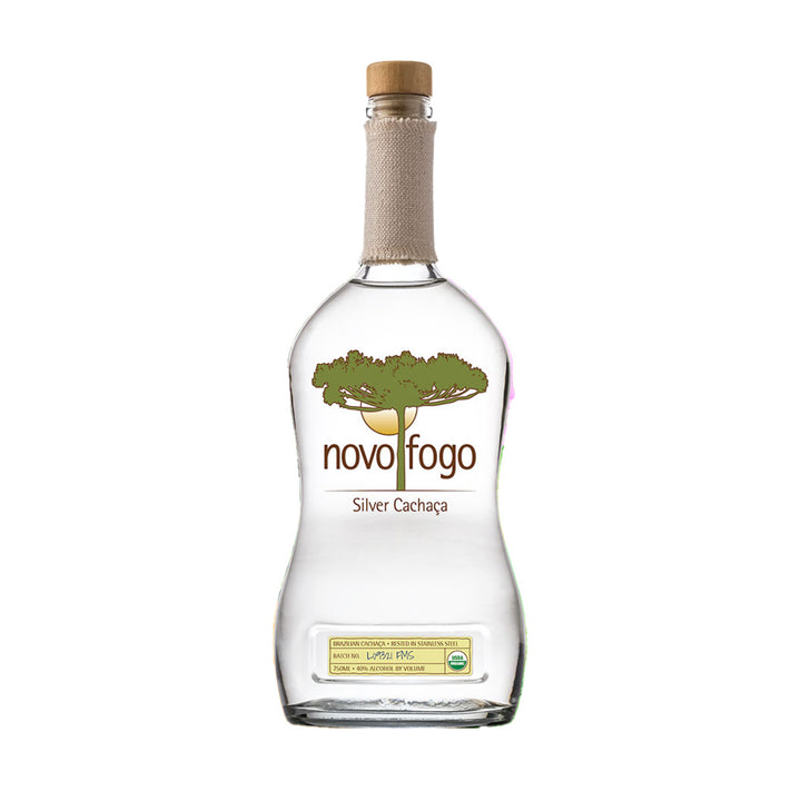 Novo Fogo Silver Cacháça bottle on a white background
