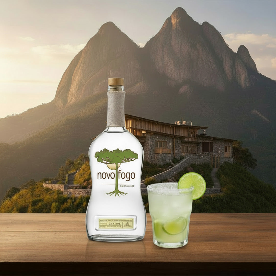 Novo Fogo bottle with a glass of lime cocktail against a mountainous background