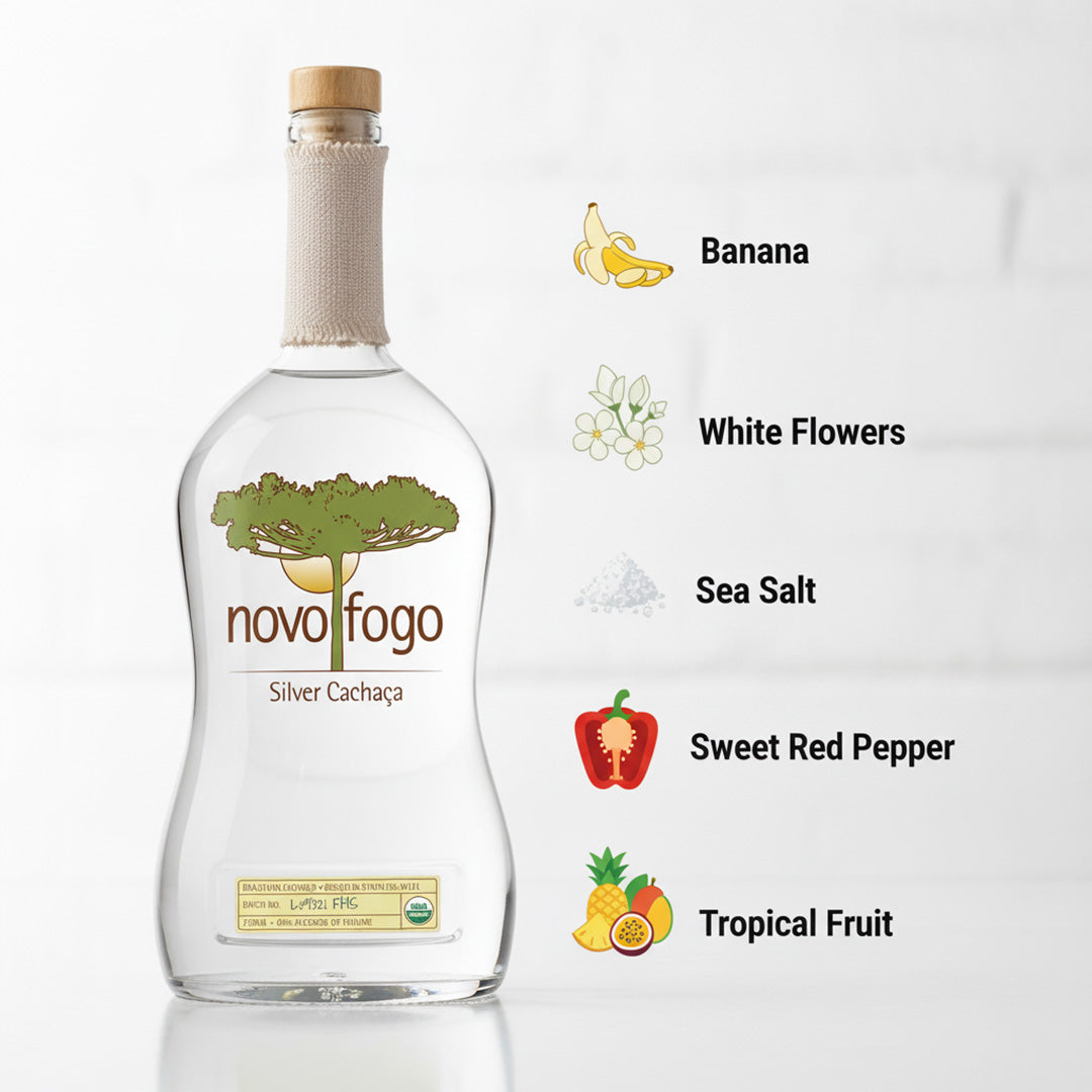 Novo Fogo Silver Cacháça bottle with flavor elements on a white background