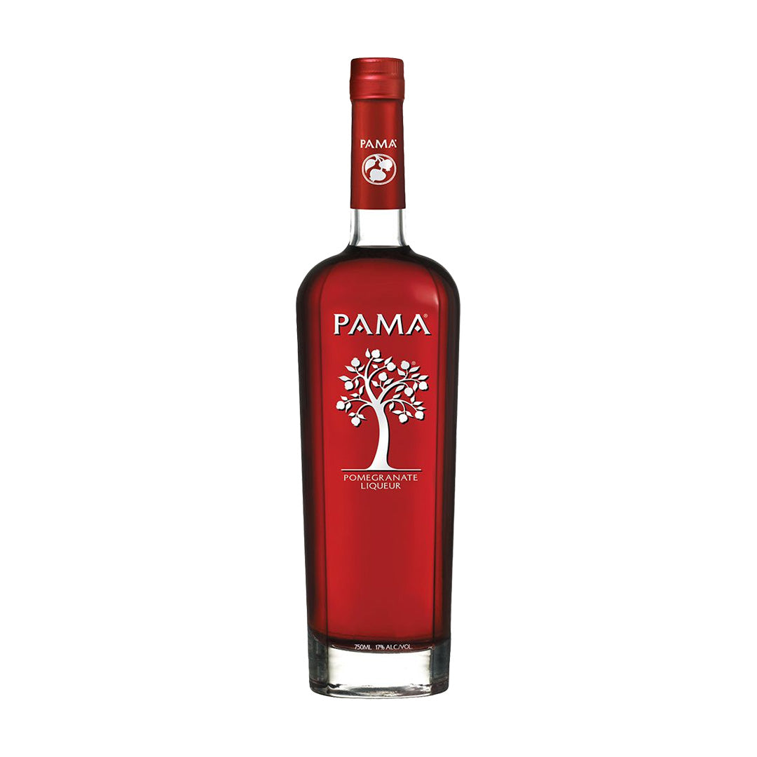 Red bottle of Pama pomegranate liqueur on a white background