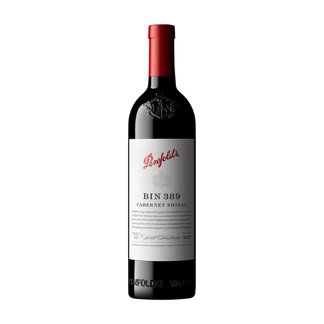 Penfolds Bin 389 Cabernet Shiraz wine bottle on a white background
