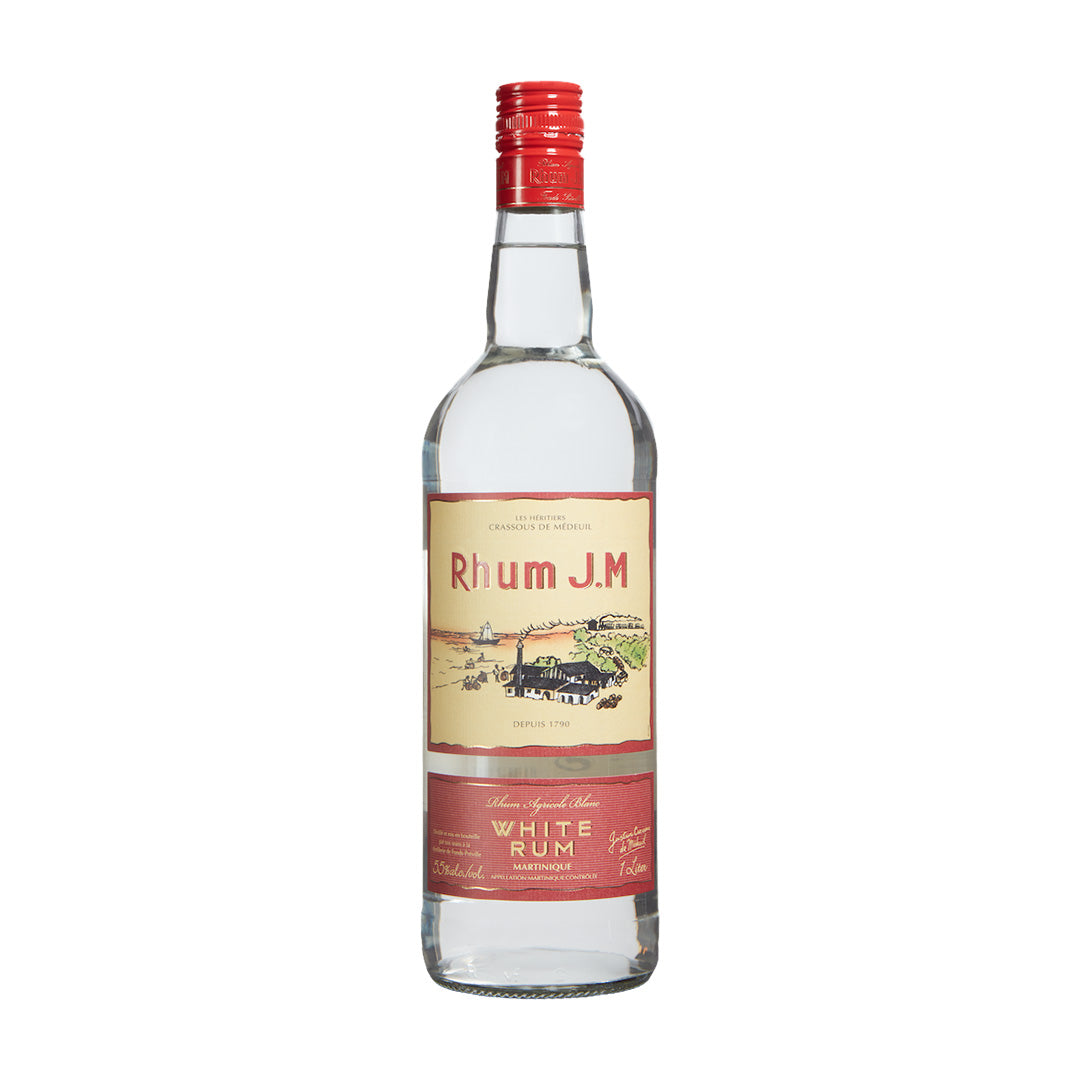 Rum J.M. bottle with a red cap on a white background