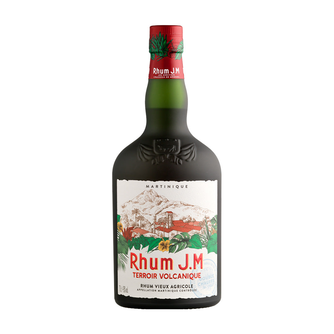 Bottle of Rhum J.M. Terroir Volcanique rum with a colorful label on a white background