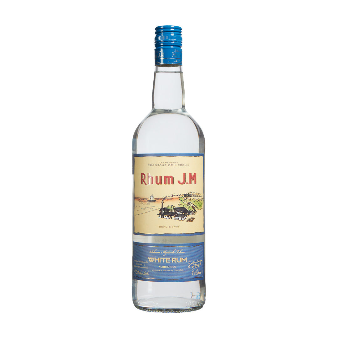 Rhum J.M. white rum 80 Proof  bottle with a blue cap on a white background