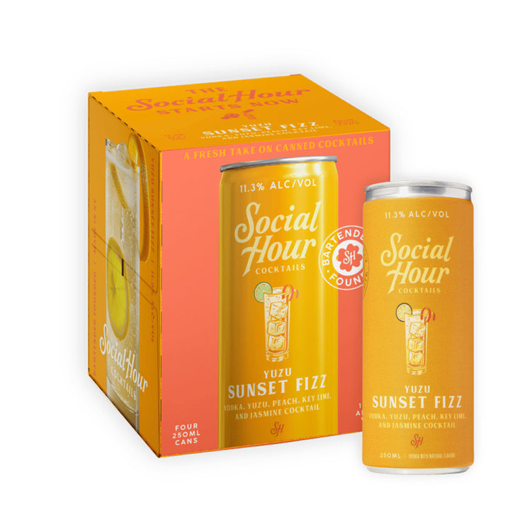 4pack of Social Hour Yuzu Sunset Fizz cocktails with a white background