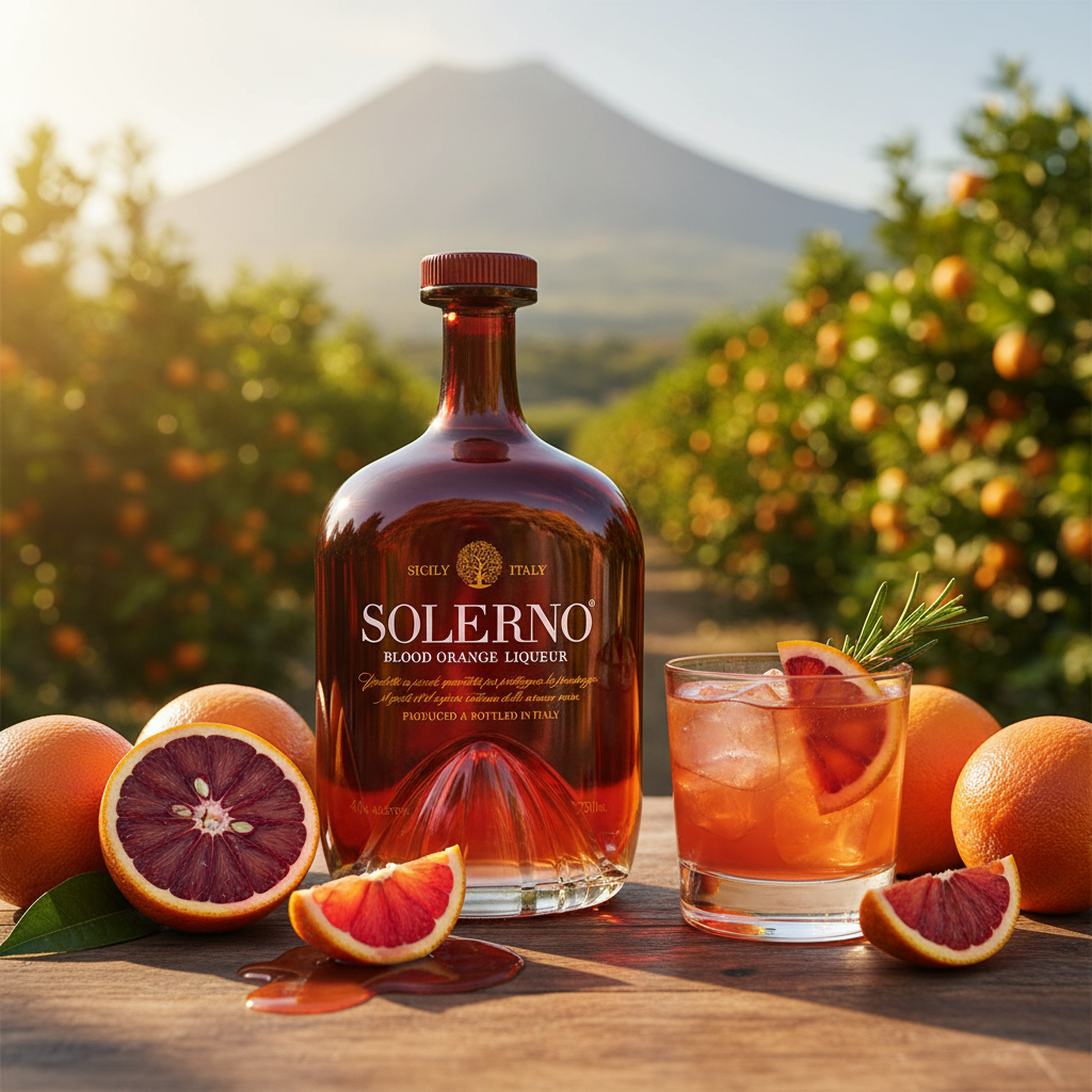 Bottle of Solerno blood orange liqueur with a glass of cocktail and oranges in an outdoor setting.