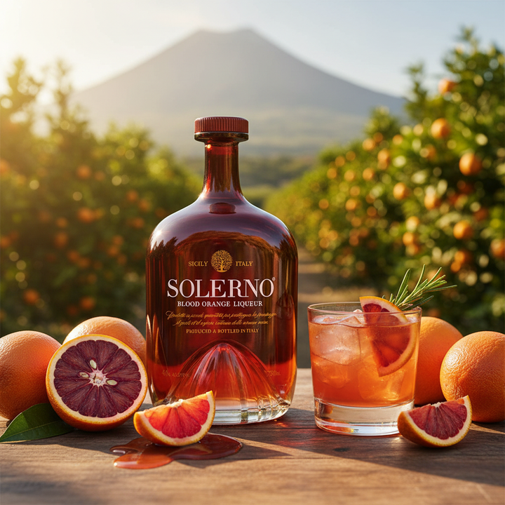 Bottle of Solerno blood orange liqueur with a glass of cocktail and oranges in an outdoor setting.