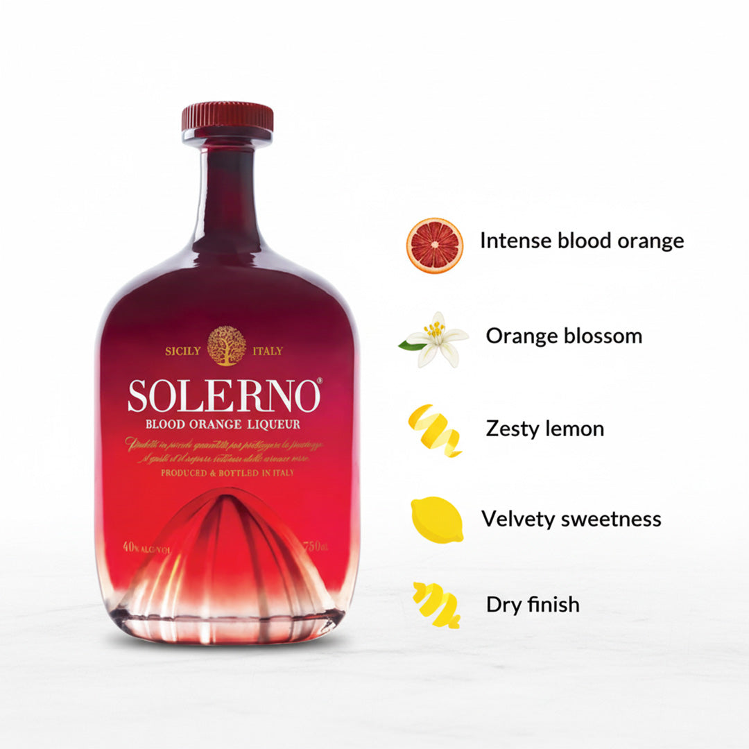 Bottle of Solerno blood orange liqueur with flavor description icons on a white background