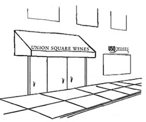 Black and white illustration of Union Square Wines storefront with 'Union Square Wines' sign.