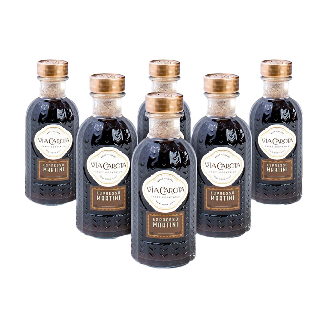 Set of six bottles of Via Carcina Espresso Martini on a white background