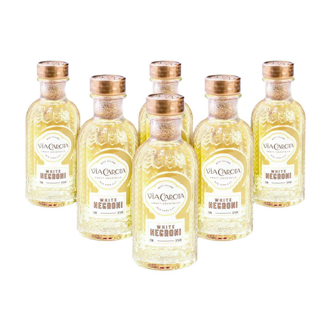 Set of six Via Carola White Negroni bottles on a white background