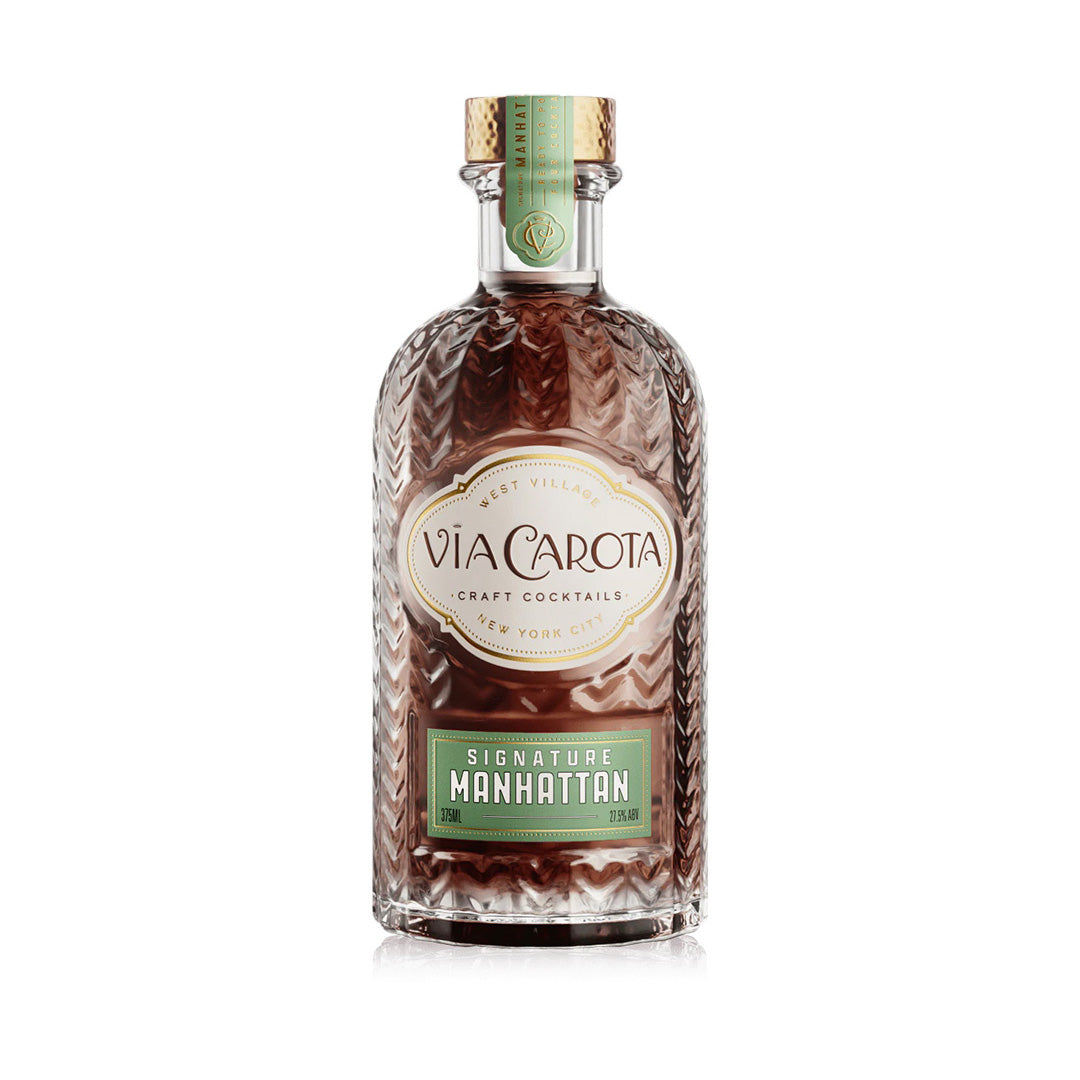 Bottle of Via Carota Signature Manhattan cocktail on a white background